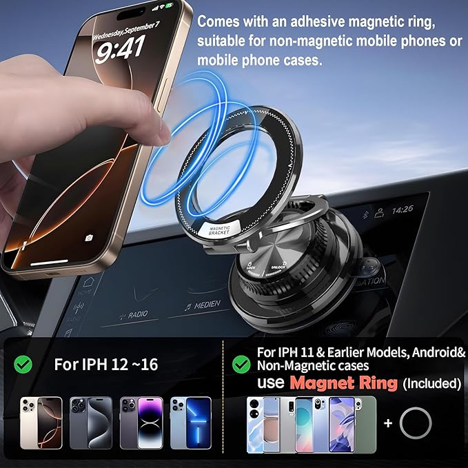 Magsafe Car Mount, Magnetic Car Phone Holder for Dashboard & Windshield, Strong Magnet 360° Rotation Phone Holders for Your Car Compatible with iPhone 12-17 Pro Max & Android Phones