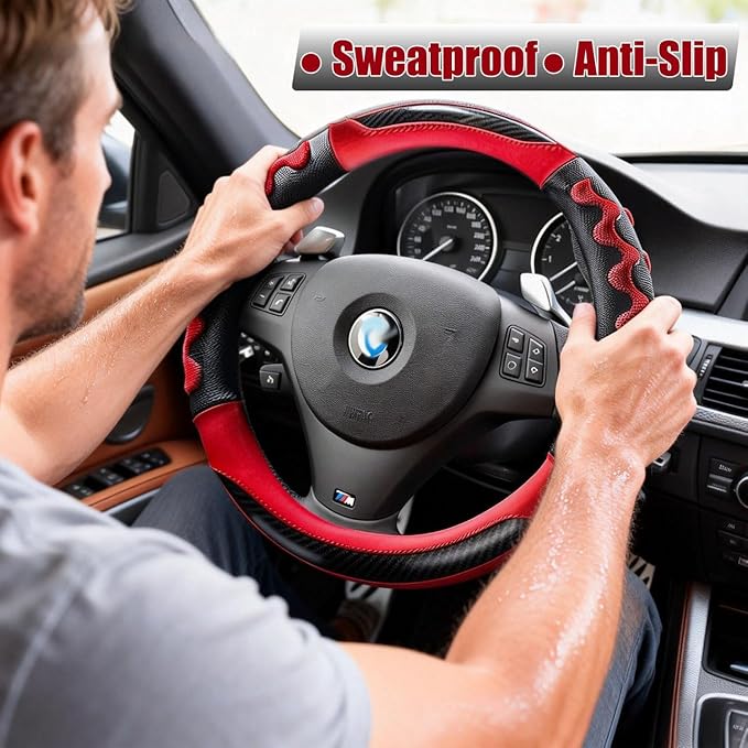 Sport Grip Car Steering Wheel Cover for Men Women, Non-Slip Breathable Carbon Fiber PU Leather Steering Wheel Protector 14.5~15 inch, Rubber Inner
