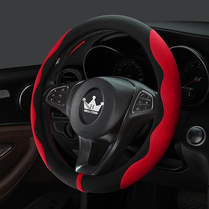 Luxury Suede Steering Wheel Cover for Cars, Soft Leather Padded Wheels Cover for Sedan, SUV, Thin Car Handle Cover, Universal Fit, Anti Slip, 14.75-15.15in, Red