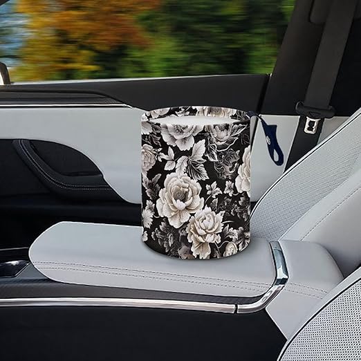 Brosoneto Car Trash Can - Black and White Flowers Printing Garbage Bin Decoration for Car Interior, Front Seat, Back Seat, Floor, Headrest - SUV, Trucks