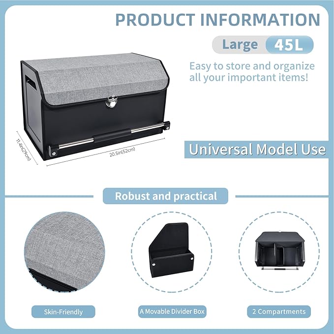 XCF Car Trunk Organizer, Leather Trunk Organizer with Push-pull Handle and Lid Car Trunk Storage Organizer for SUV, Minivan, Truck (Grey, 20.47 x 11.42 x 12.2in)