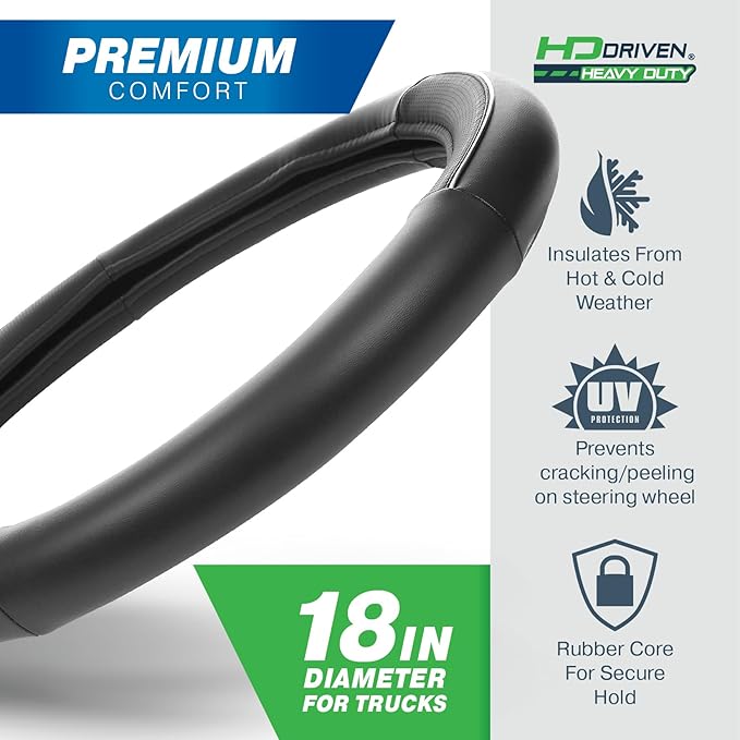 HD Driven SWC Premium Black Leather Steering Wheel Cover – 18” Diameter for Semi-Trucks, Ribbed Rubber Core & High-Performance Leather, Vehicle Accessories