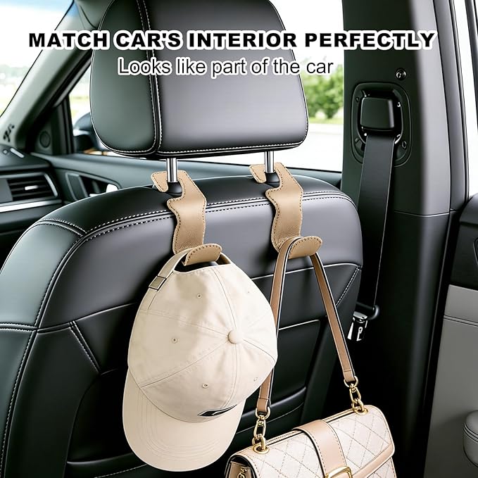 Car Seat Hooks for Purses and Bags, 2 Pack Car Purse Holder for Grocery Bag Handbag Clothes, Metal Headrest Hooks Covered by Leather, Beige