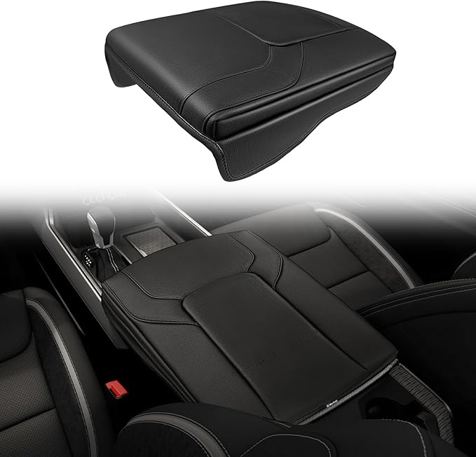 Muslogy Center Console Armrest Cover for Dodge Ram1500 2500 3500 2019-2025 Comfort Armrest Pad Arm Rest Cushion Vegan Leather Protector 1-Inch Extra Thick(Bucket Seat ONLY, NO Limited,Laramie)