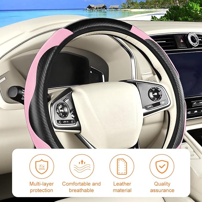 Carbon Fiber Car Steering Wheel Cover, 14.5-15 Inch Elastic Stretch Steering Wheel Guard, Sports Style Non-Slip Automotive Interior Accessories, Universal for Vehicles (Black/Pink)