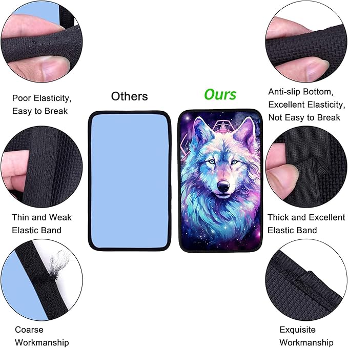 JANENFNA Car Armrest Cover Pads Universal Fashion Cute Auto Center Console Armrest Cover Pad with 2PCS Car Coasters Soft Waterproof Car Armrest Seat Protector for Women,Cosmic Wolf