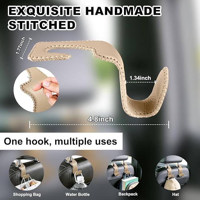 Car Seat Hooks for Purses and Bags, 4 Pack Car Purse Holder for Grocery Bag Handbag Clothes, Metal Headrest Hooks Covered by Leather, Beige
