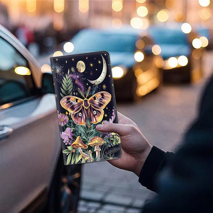 Car Registration Holder, PU Leather Vehicle Card Document Glove Box Organizer, Women Interior Auto Accessories Case for Cards, Driver License Car Insurance Holder, Magical Moth Moonlit and Mushrooms