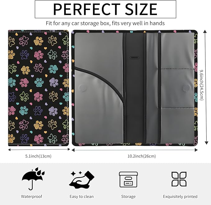 BAUCIWLD Premium Car Registration and Insurance Card Holder, Cute PU Leather Car Document Holder, Vehicle Glove Box Car Organizer with Magnetic Closure for Driver License, Cards Colorful Doodle Paws