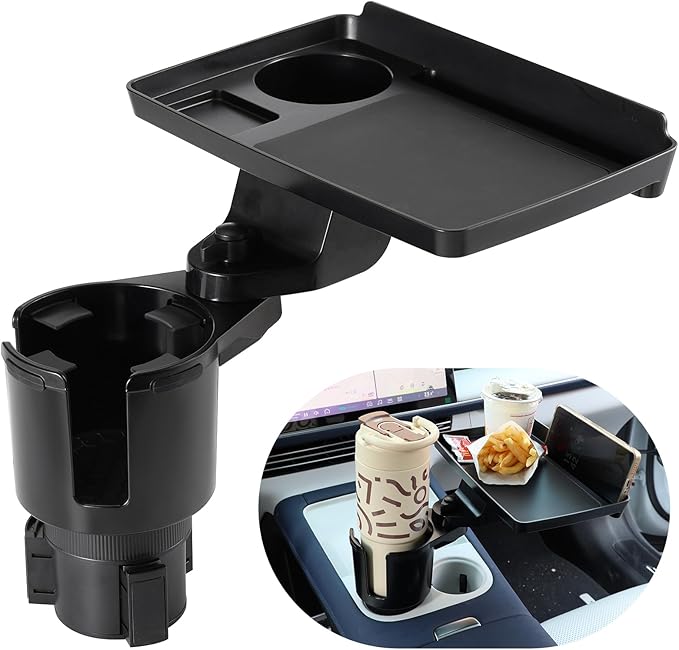 Car Large Cup Holder Expander, 4-in-1 Cupholder Extender with Swivel and Detachable Snack Food Tray Table for Eating, Travel Essentials for Road Trips for Driver. Model E