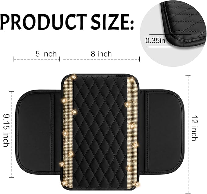 NBTEPEM Bling Car Center Console Cover, Leather Car Arm Rest Cover Cushion with 2 Storage Bags, Universal Automotive Armrest Protector Storage Box, Bling Accessories Interior for Most Vehicles (Gold)