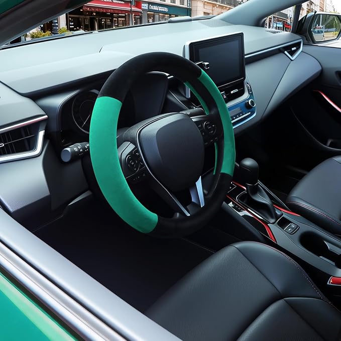 SEG Direct Steering Wheel Cover for Car, Standard Size 14.5-15 inch, Auto Interior Accessories, Warm Plush, Summer Winter, Black and Forest Green