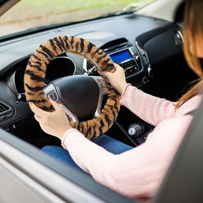 Accmor Fluffy Car Steering Wheel Cover, Universal Fuzzy Auto Wheel Cover & Handbrake Cover & Gear Shift Cover Set, Anti-Slip Tiger Stripe Warm Fur Vehicle Wheel Protector Car Accessories for Men Women