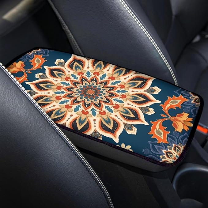 Bohemian Flower Print Center Console Armrest Pad for Cars Universal Decorative Car Armrest Box Protector Pad Easy to Install Car Decor Accessories for Sedan SUV Truck