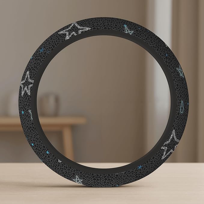 Cute Steering Wheel Cover for Women, Machine Washable Universal 14.5-15.5 inch Non-Slip Grip All Weather Use (Gray Leopard Stars)