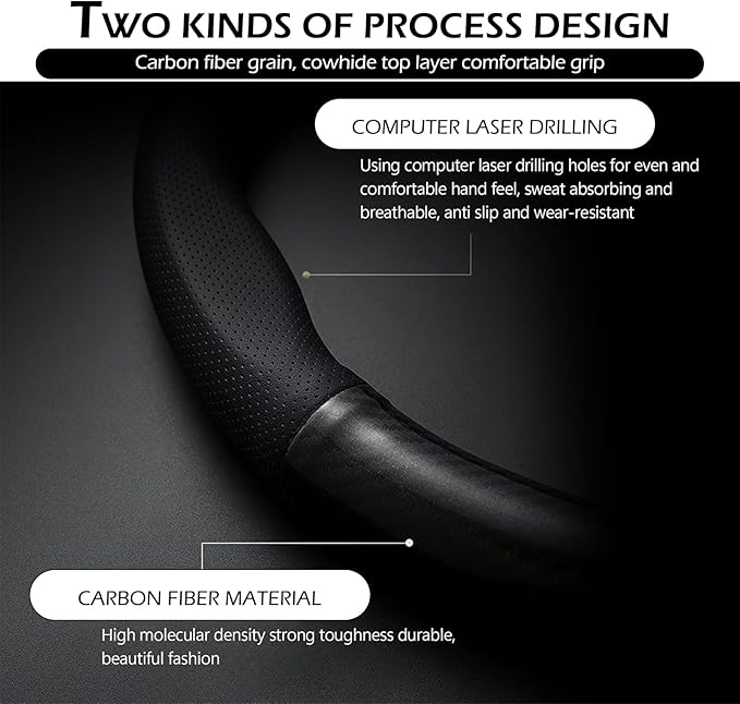 Car Carbon Fiber Steering Wheel Cover, Round Anti-slip Breathable Steering Wheel Protector, Four-season Interior Accessory, Universal for Most Cars (Black #Round)