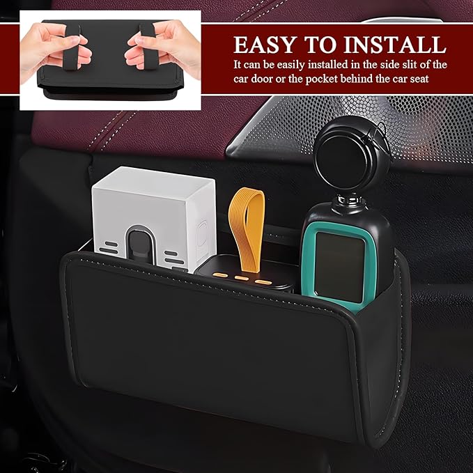Hovom Car Trash Can, Leather Waterproof Automotive Garbage Can with Trash Bag, Hanging Mini Vehicle Trash Bin, Small Auto Door Organizer Storage Pouch, Universal Car Accessories (Black)
