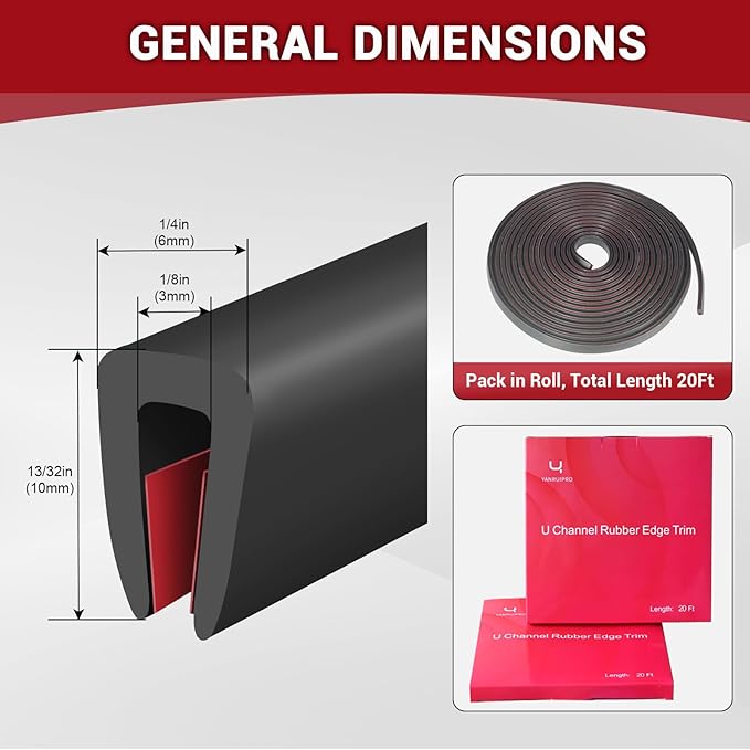 YANRUIPRO EPDM Rubber Edge Trim, 1/8" Self Adhesive, Black, 20Ft, Fit for 3/32"-5/32" Width Edge, Weather Resistant, Easy to Cut, Bend, Install and Remove