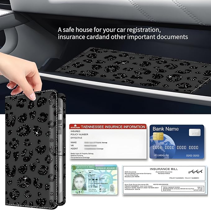 BAUCIWLD Premium Car Registration and Insurance Card Holder, Cute PU Leather Car Document Holder, Vehicle Glove Box Car Organizer with Magnetic Closure for Driver License, Cards Leopard Black