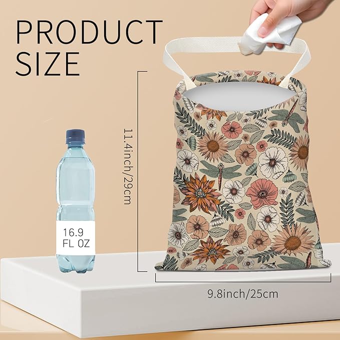 BEAKND Hanging Car Garbage Bag, Cute Car Trash Can Bag, Automotive Accessories for Women Men Cute Boho Flower Dragonfly