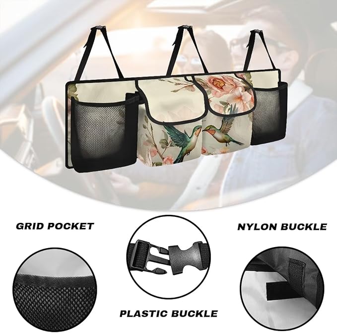 Hummingbirds Car Trunk Organizer Floral Flowers Trunk Hanging Storage Bag Multipurpose Cargo Bag for SUVs, Vans, Cars