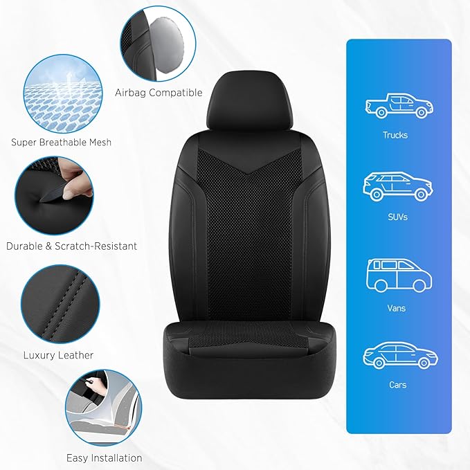 PIC AUTO Car Seat Cover, Super Breathable Mesh Front Seat Cover for Cars, Black Leather Seat Covers, Universal Fit, Durable, Airbag Compatible, Suitable for SUVs, Trucks, Sedans, and Vehicles
