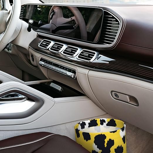 Car Trash Can Hanging, Yellow Leopard Print Waterproof Auto Garbage Bin Universal Vehicle Waste Container, 3.5L Capacity