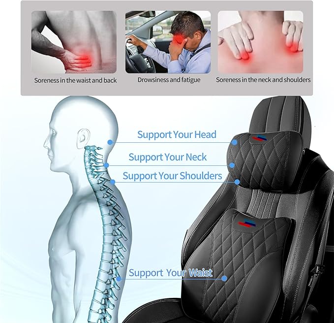 Anti-Stain Nappa Leather Car Neck Pillow for BMW New X3 X5 X2 X4 X1 X6 X7 2 3 4 5 7 Series Seat Headrest Neck Pillow, Soft Memory Foam Headrest with Lumbar Support Accessories (Black-bm-2 pcs)