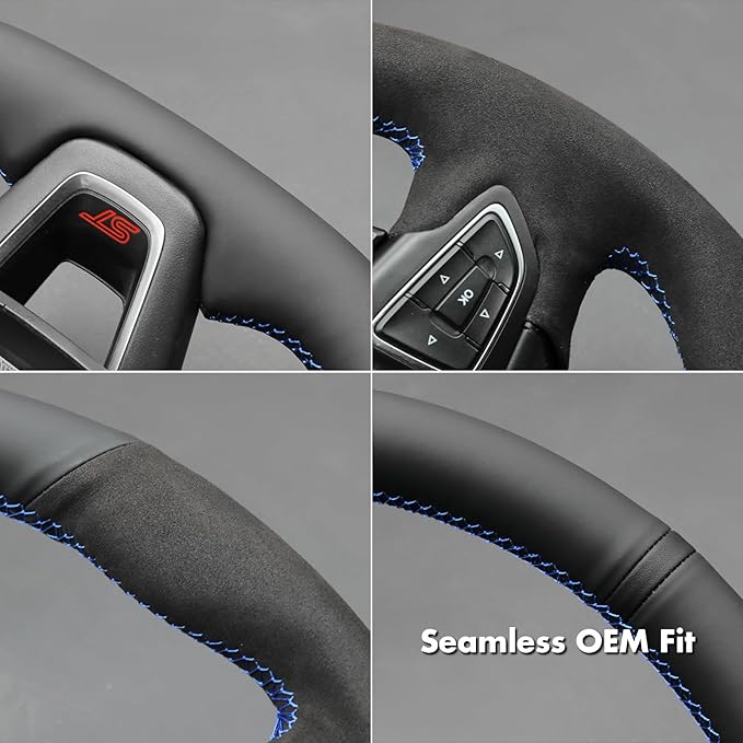 MEWANT Hand Stitch Steering Wheel Cover for Ford Focus MK3 ST 2015-2018 / Focus RS 2016-2018 Black Genuine Leather Suede Custom Fit Wrap DIY Interior Upgrade