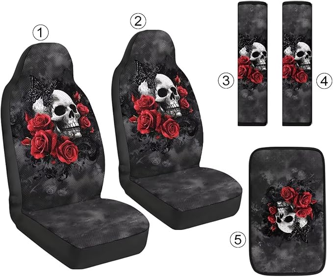Oramclsy Skull PU Breathable Car Seat Accessories Set Rose Pattern Universal Set and Armrest Pad and Seat Belt Pads Full Set of 5 Pack