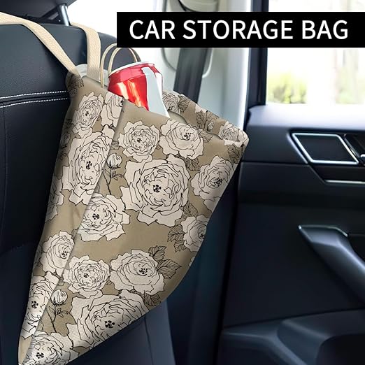 Car Trash Can, Cute Car Trash Bag, Hanging Car Organizer and Storage Bag, Trash Bin for Car Accessories, Vehicle, Travelling, Camping Vintage White Flower