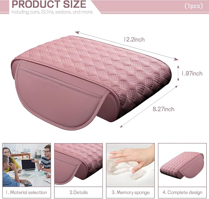 Hbxdeco Car Armrest Cushion, 12.2"×8.3" Leather Auto Memory Foam Center Console Pad with Storage Pocket, Waterproof & Anti-Scratch Elbow Pillow Armrest Seat Box Protector, Universal Fit (Pink)