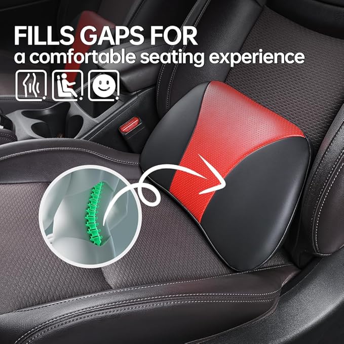 Aerovia 1p Memory Foam Lumbar Support Pillow for car Lower Back Pain Relief - Back Cushion for Driving, Chair Support for Car-Office Chair（Black&Red）