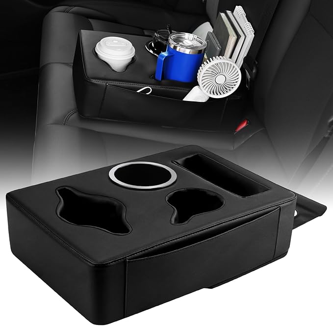 SPEEDNRG Car Back Seat Cup Holder, PU Leather Car Drink Holder, Couch Sofa Bed Expander Tray Cup Storage, Waterproof & Non-Slip Back Seat Organizer
