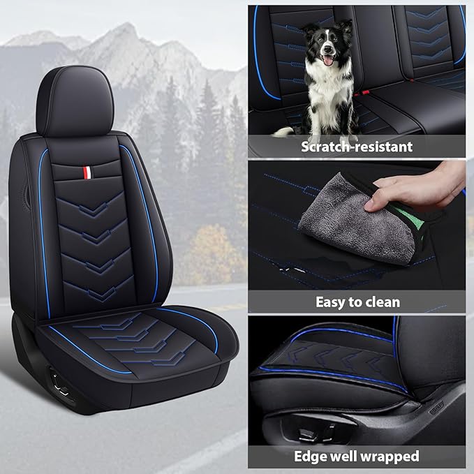 MVRVMV Seat Covers for Ford Ranger 2005-2026, Waterproof Leather Auto Seat Cover (5 Seat Standard,Black-Blue)