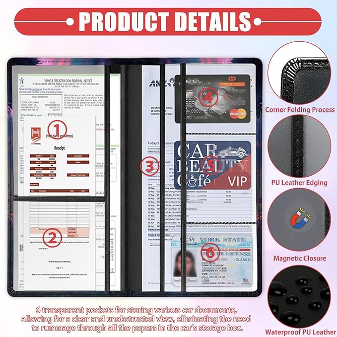 Car Registration and Insurance Card Holder for Women Men, Waterproof PU Leather Glove Box Car Organizer with Magnetic Shut, Vehicle Document Holder for Driver License,Cards, Dinosaur Pattern