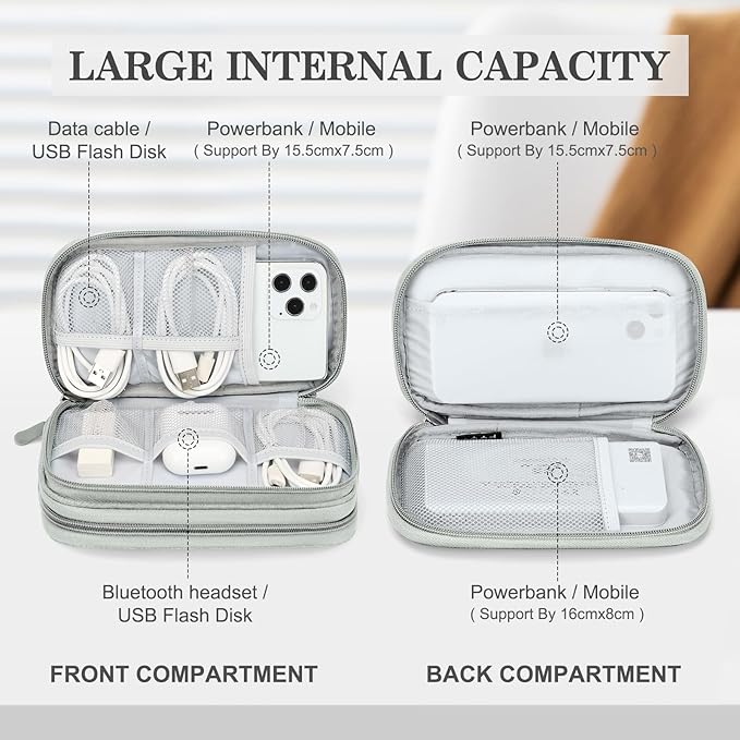 FYY Travel Cable Organizer Bag Pouch Electronic Accessories Carry Case Portable Waterproof Double Layers All-in-One Storage for Cord, Charger, Phone, Earphone Grey