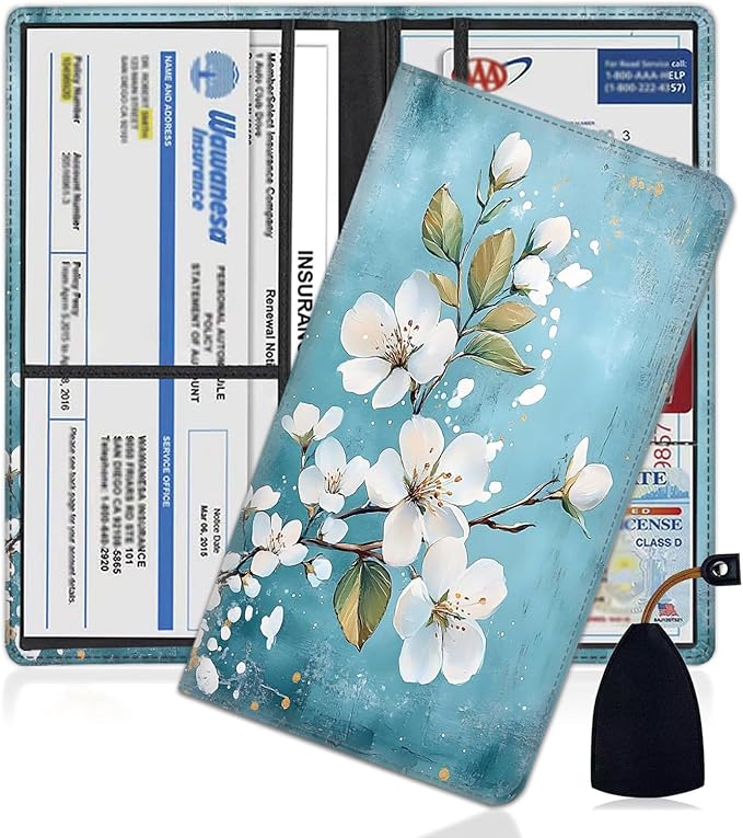Car Registration Holder, PU Leather Vehicle Glove Box Organizer for Driver License, Document, Car Insurance Holder with Magnetic Shut, Auto Paperwork Wallet Case Accessories, White Flowers Pattern
