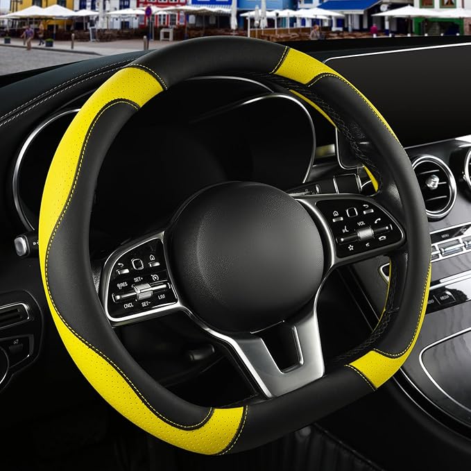 Binsheo Microfiber Leather D Shaped Steering Wheel Cover, Breathable, Anti Slip, 13.5 inch to 14 inch, Black with Yellow