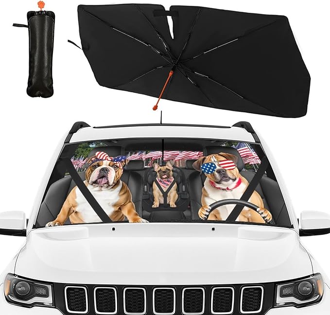 DOPINDU American Flag Car Windshield Sun Shade Umbrella Bendable Handle Foldable Funny Bulldog Sunshade for Car Windshield Block UV Rays Keep Vehicle Cool for Most Sedans SUV Trucks Cars 57"x30"