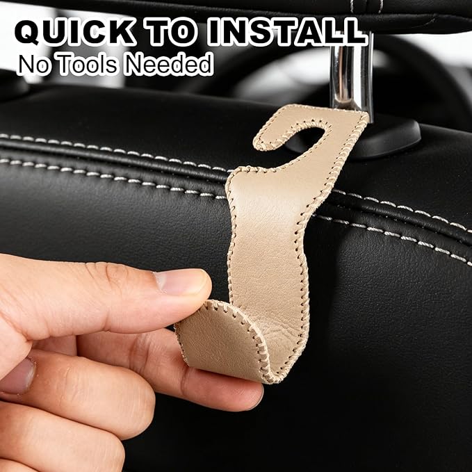 Car Seat Hooks for Purses and Bags, 4 Pack Car Purse Holder for Grocery Bag Handbag Clothes, Metal Headrest Hooks Covered by Leather, Beige