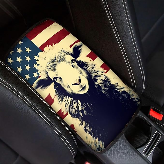 Car Center Console Pad, Universal Waterproof Car Armrest Seat Box Cover, Car Interior Accessories for Most Vehicle SUV Truck Vintage American Flag Sheep Car Armrest Pad