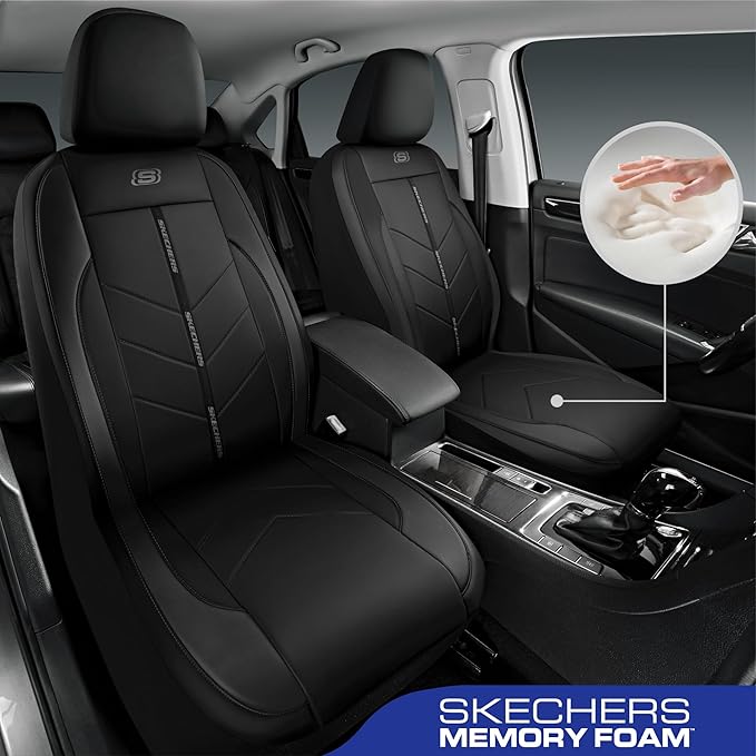 Skechers Car Seat Covers,Luxury Faux Leather Seat Covers,Waterproof Anti Slip Car Seat Protector Front Seats,Car Accessories Airbag Universal Fit for Most Cars,Vans,Trucks,SUV,Black