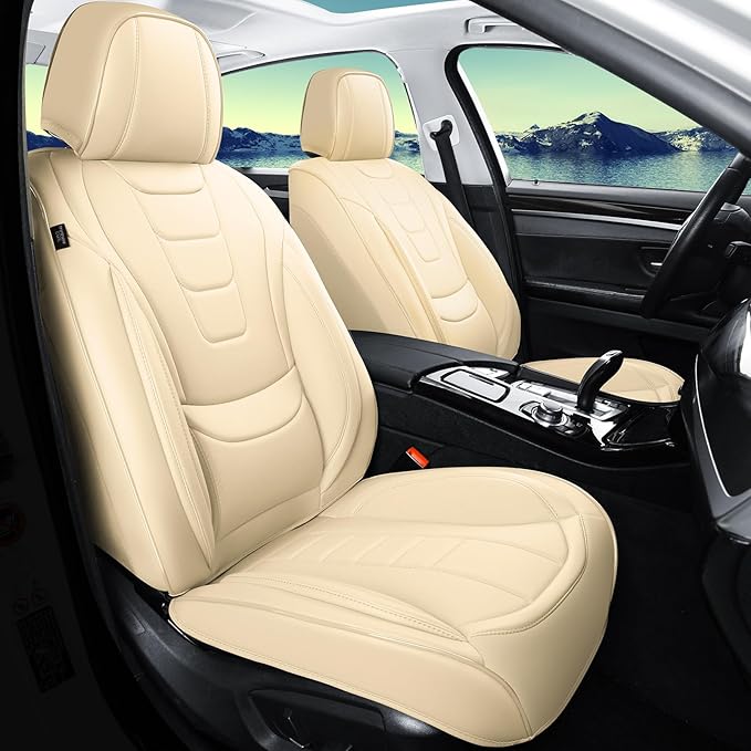 Gripure Car Seat Covers for Full Set – Waterproof & Breathable Faux Nappa Leather, 360° Wrap Design, Airbag Compatible, Lumbar Support, Perfect for Drivers Who Sweat-Breathable Design. – Beige