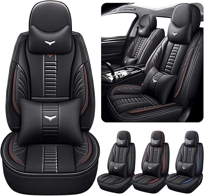 Pengchen Luxury 2 Seats Car Seat Covers Protectors for Nissan Versa 2009-2025, Back Storage Bag Design & Headrest Pillow & Lumbar Support Black & Coffee Line