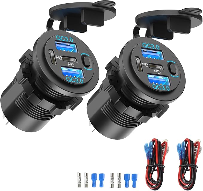 2 Pack Dual PD 30W USB C Port and Dual Quick Charge 3.0 Port 12V USB Outlet with Power Switch, 78W Multiport Car Charger Socket Waterproof DIY Accessories for Car Boat Marine Motorcycle RV ATV