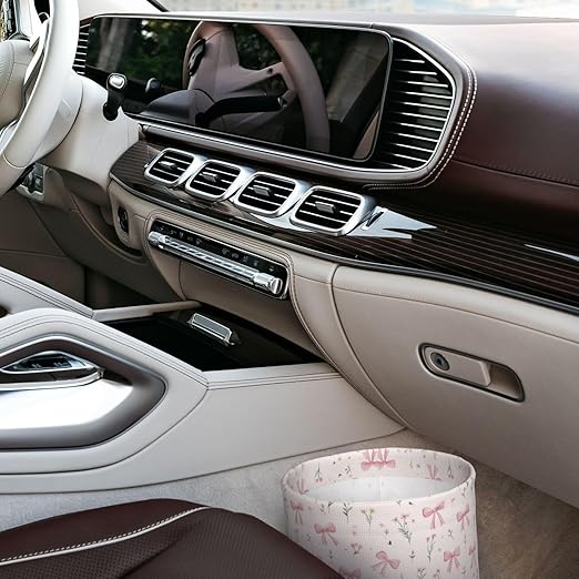 Pink Bow Floral Car Trash Can Leak-Proof Waterproof Hanging Trash Bin Collapsible Garbage Can for Car Accessories Travelling Camping