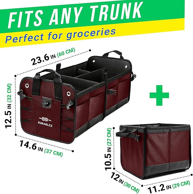 DURABLEZ XL Trunk Organizer 3-Section for SUV, Truck, Sedan, Van – Modular L-Shape Car Storage Box, Collapsible Auto Cargo Organizer with Dividers – Cherry