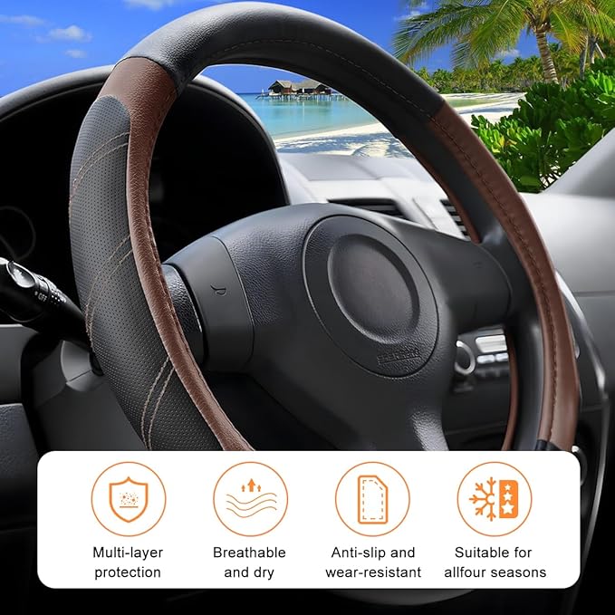 Car Steering Wheel Cover, 14.5-15" Non-Slip Leather Sporty Vehicle Steering Wheel Protector, Breathable Auto Interior Decoration Accessories, Universal for Van Truck Sedan (Orange)