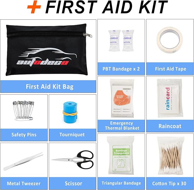 AUTODECO 98 PCS Roadside Car Emergency Assistance Kit with Portable Air Compressor Jumper Cables Safety Hammer All in One Pliers Tool Set（Black）